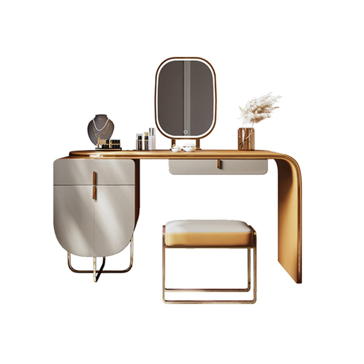 Retractable Vanity Table Set with Mirror & Stool