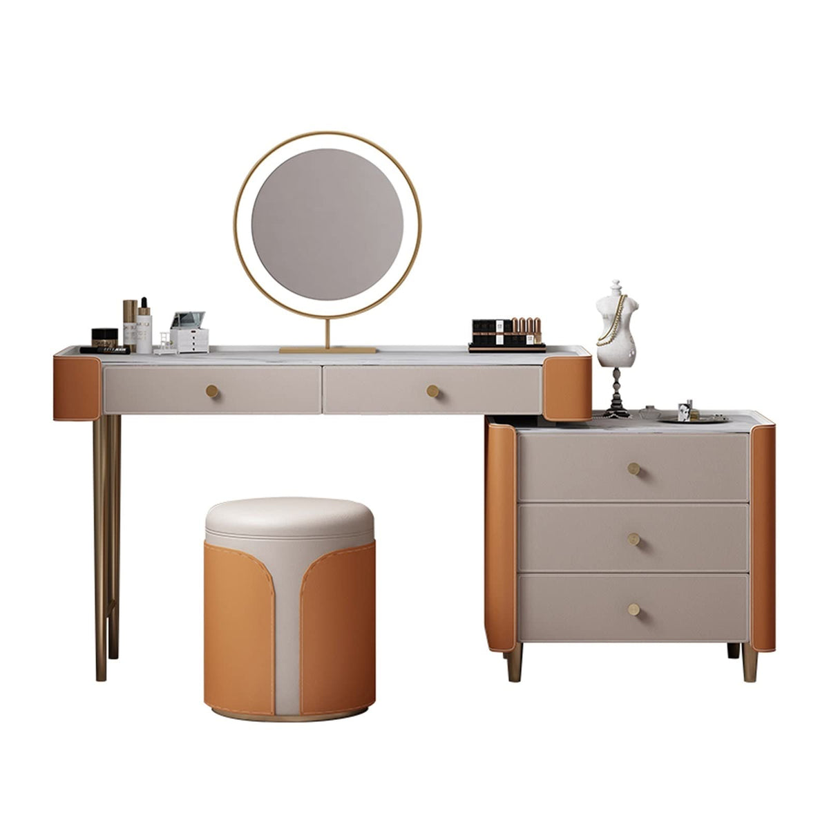 Leather Vanity Desk with LED Mirror & Drawers