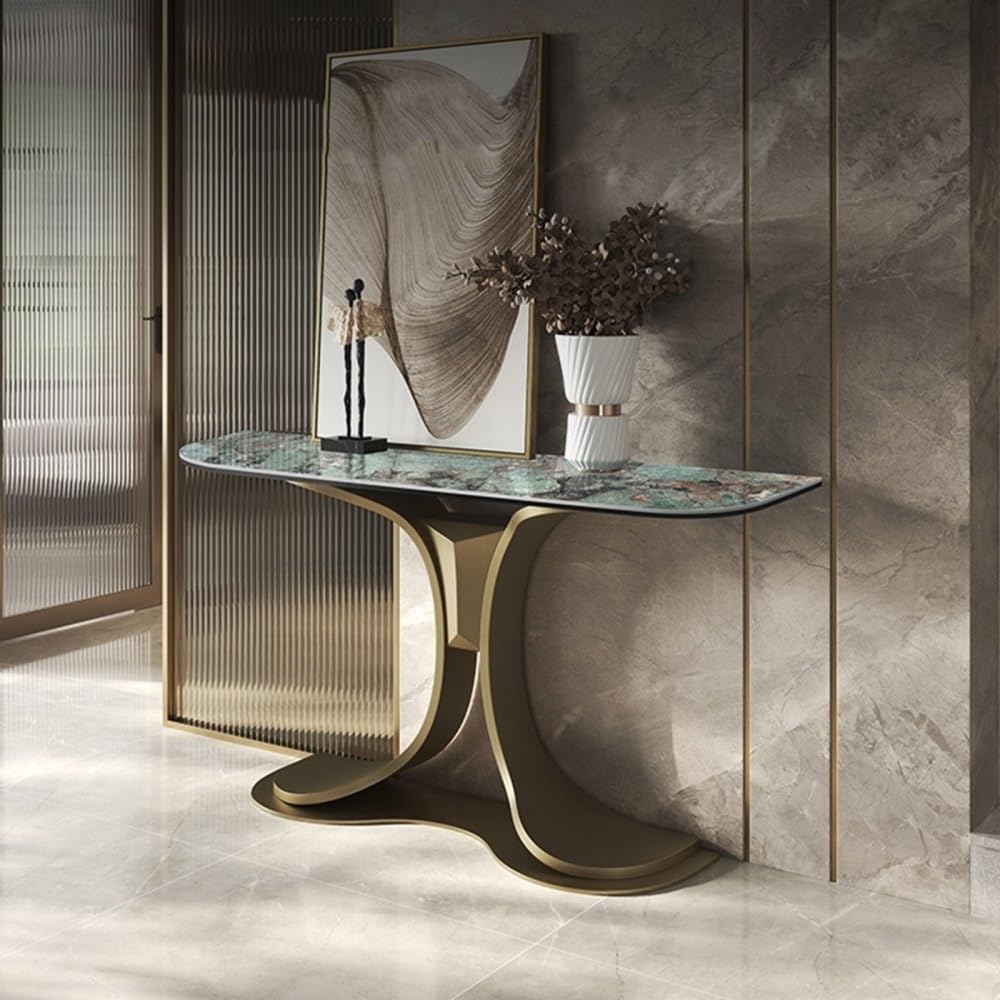 Modern Console Table with Marble Top & Steel Base for Entryway