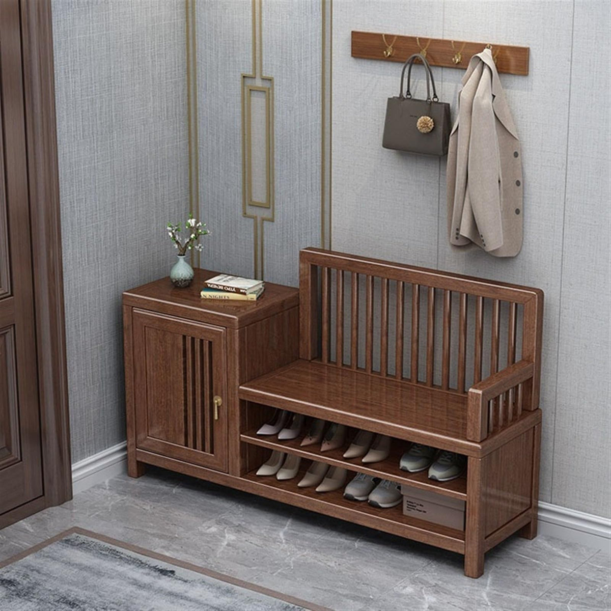 Solid Wood Entryway Shoe Bench with Coat Rack