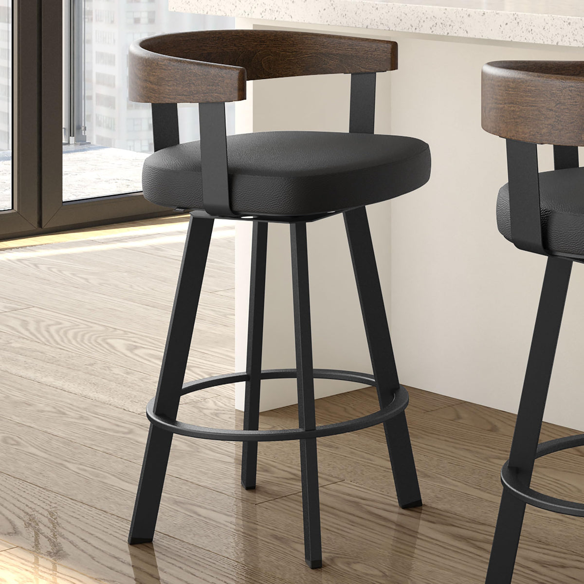 Upholstered Swivel Bar Stool with Wood Back