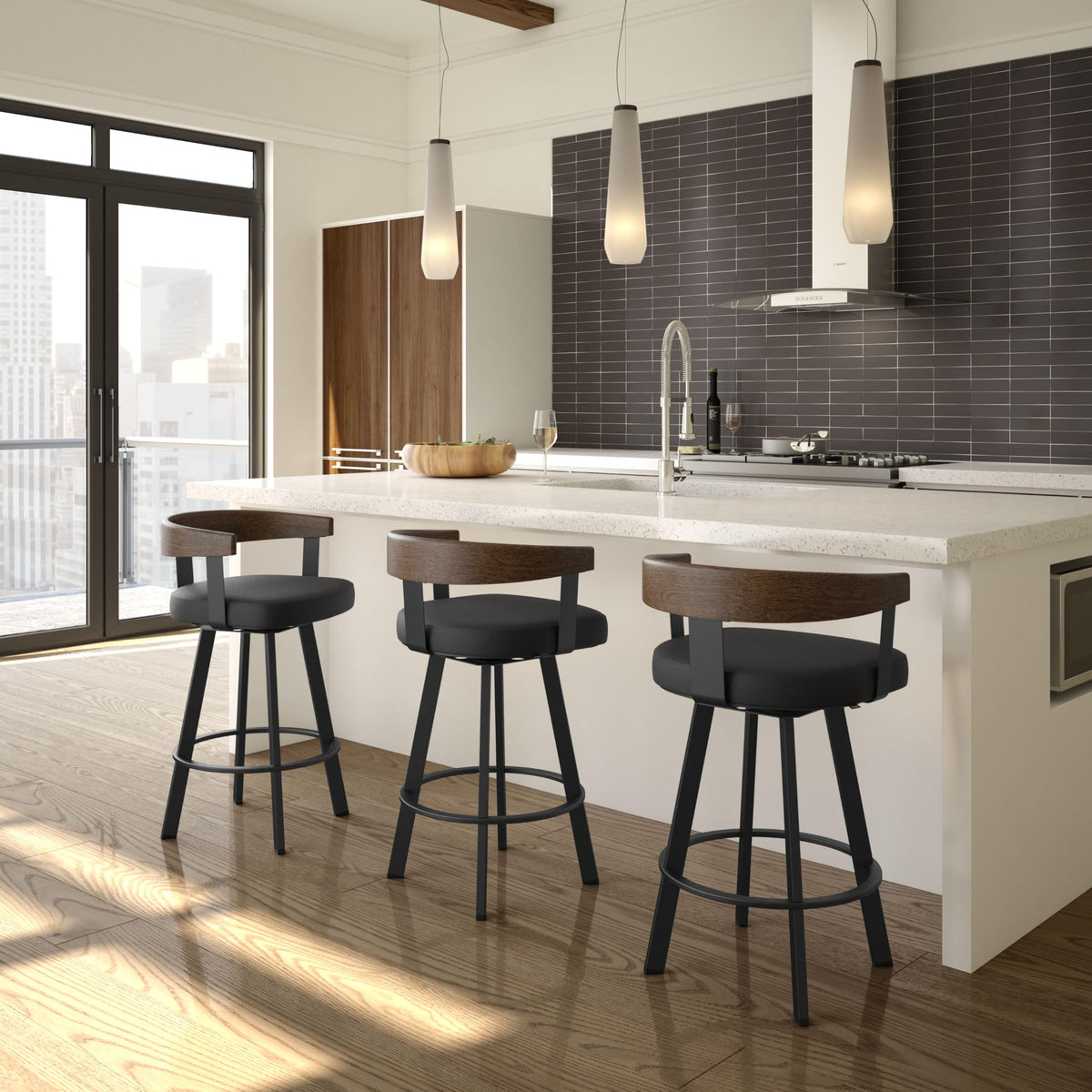 Upholstered Swivel Bar Stool with Wood Back